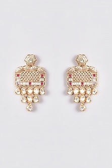 Gold Plated Kundan Polki & Red Stone Dangler Earrings
