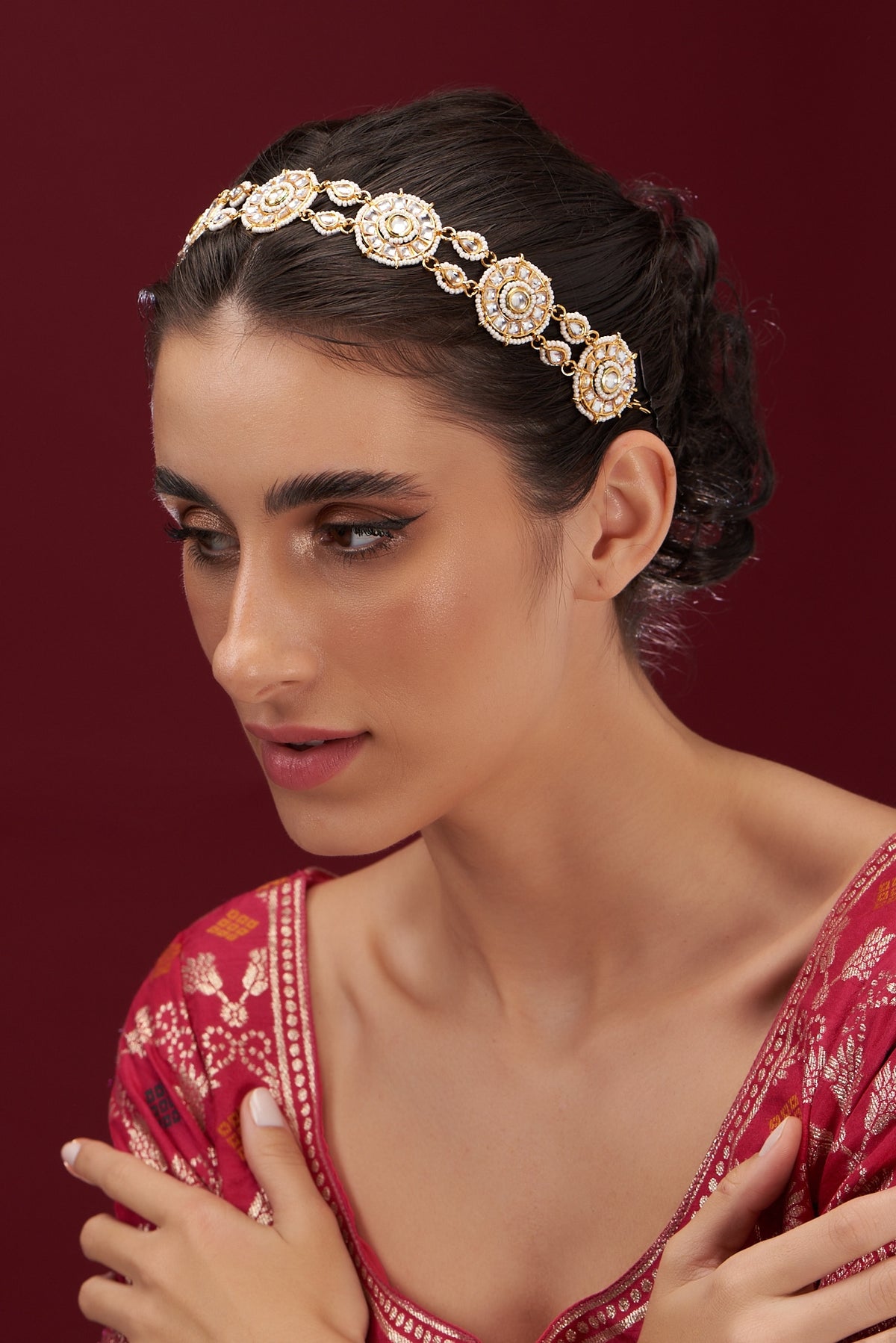 Gold Plated Kundan Polki Floral Mathapatti