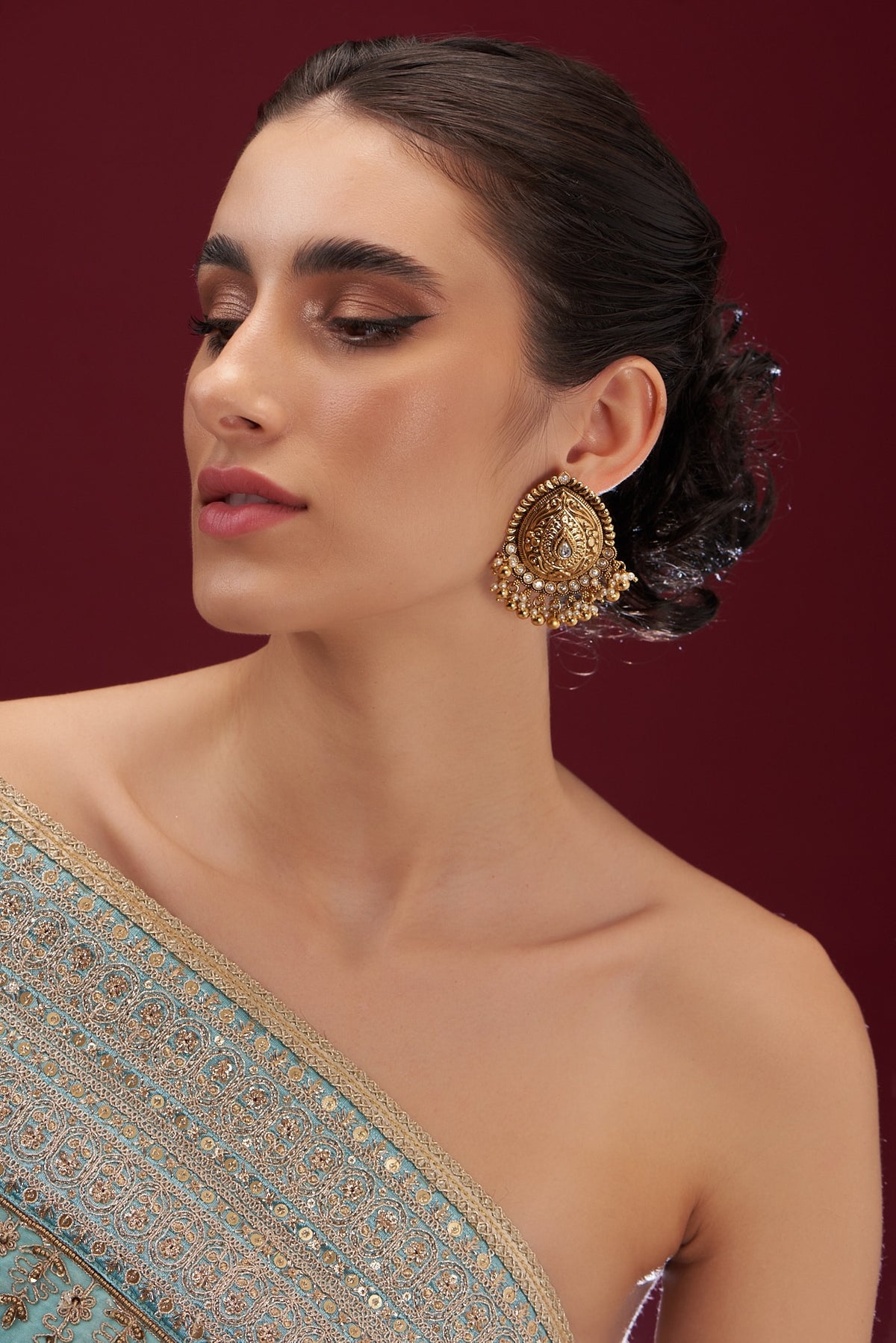 Gold Plated Kundan Polki & Pearl Dangler Earrings