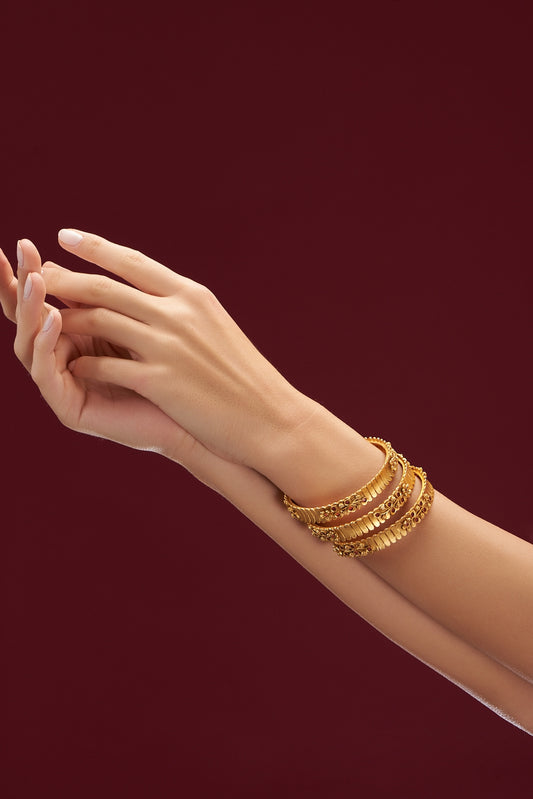 Gold Plated Red Stone Carved Temple Bangles (Set Of 4)