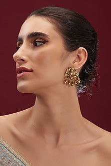 Gold Plated Kundan Polki & Pearl Floral Stud Earrings