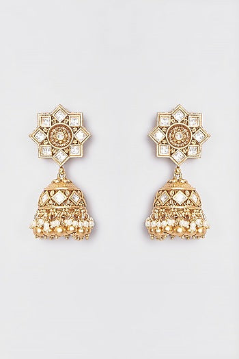 Gold Plated Kundan Polki & Beaded Jhumka Earrings