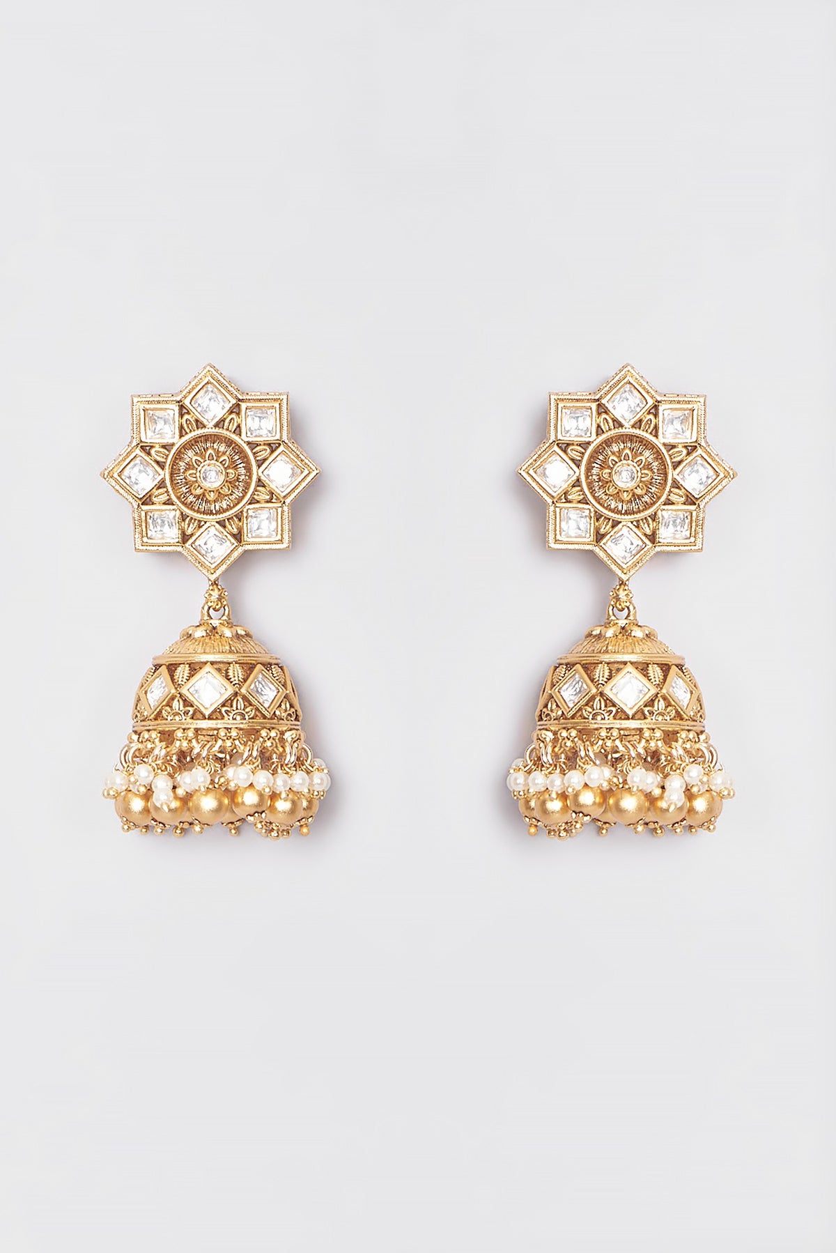 Gold Plated Kundan Polki & Beaded Jhumka Earrings
