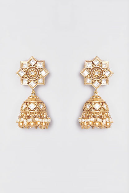 Gold Plated Kundan Polki & Beaded Jhumka Earrings