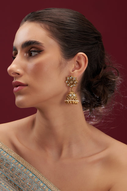Gold Plated Kundan Polki & Beaded Jhumka Earrings