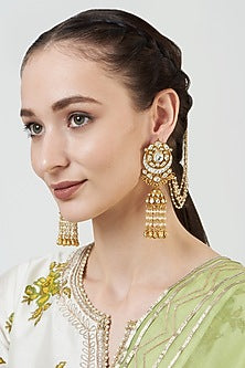 Gold Finish Chandbaali Earrings With Kundan Polki
