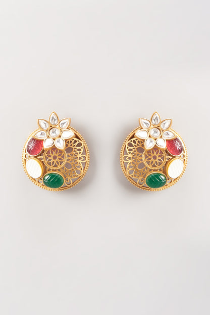 Gold Finish Kundan Polki Stud Earrings