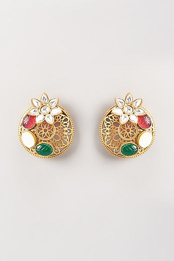 Gold Finish Kundan Polki Stud Earrings