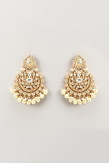 Gold Finish Kundan Polki & Pearl Drop Chandbaali Earrings