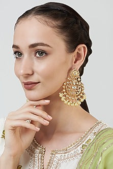 Gold Finish Kundan Polki & Pearl Drop Chandbaali Earrings