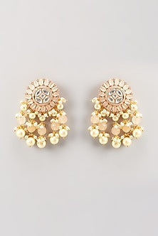Gold Finish Pink Stone & Pearl Dangler Earrings