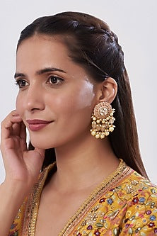 Gold Finish Pink Stone & Pearl Dangler Earrings