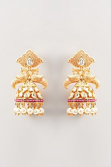 Gold Finish Ruby Stone & Pearl Dangler Earrings
