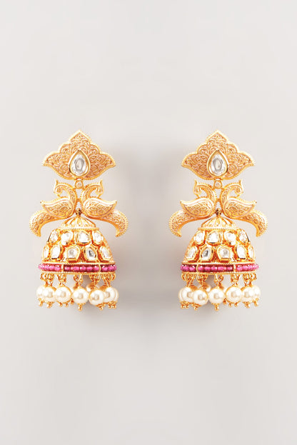 Gold Finish Ruby Stone & Pearl Dangler Earrings