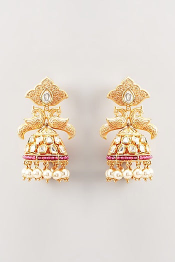 Gold Finish Ruby Stone & Pearl Dangler Earrings