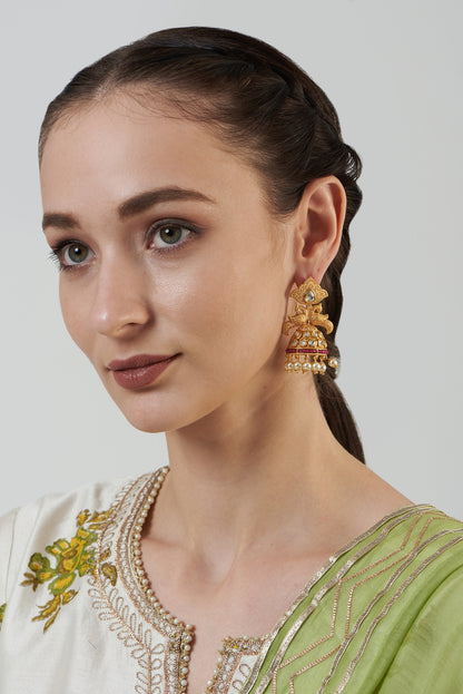 Gold Finish Ruby Stone & Pearl Dangler Earrings