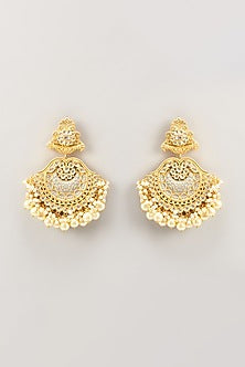 Gold Finish Kundan Polki Enamelled Chandbaali Earrings