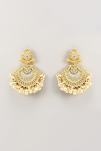 Gold Finish Kundan Polki Enamelled Chandbaali Earrings