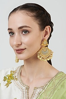 Gold Finish Kundan Polki Enamelled Chandbaali Earrings