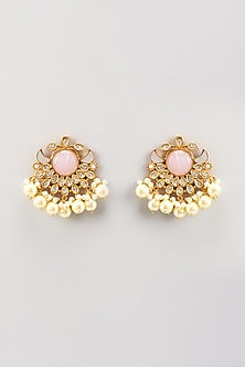 Gold Finish Pink Stone & Pearl Drop Dangler Earrings