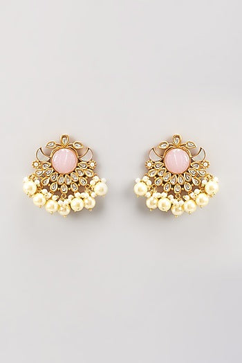Gold Finish Pink Stone & Pearl Drop Dangler Earrings