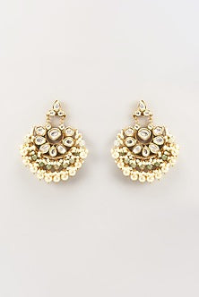 Gold Finish Kundan Polki & Pearl Chandbaali Earrings