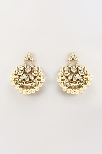 Gold Finish Kundan Polki & Pearl Chandbaali Earrings