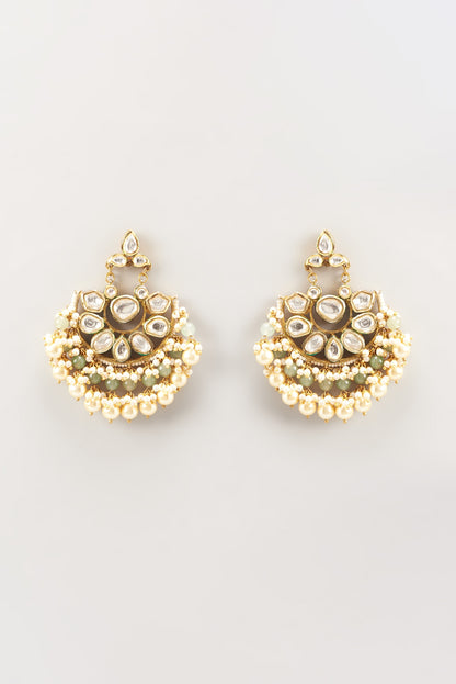 Gold Finish Kundan Polki & Pearl Chandbaali Earrings
