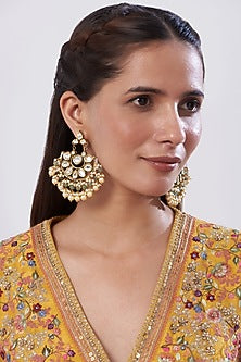 Gold Finish Kundan Polki & Pearl Chandbaali Earrings