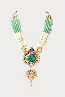 Gold Finish Carved Onyx Long Necklace