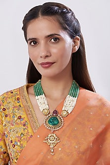 Gold Finish Carved Onyx Long Necklace