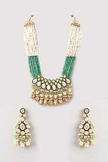 Gold Finish Multi-Colored Stone Long Necklace Set