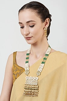 Gold Finish Kundan Polki & Agate Long Necklace Set