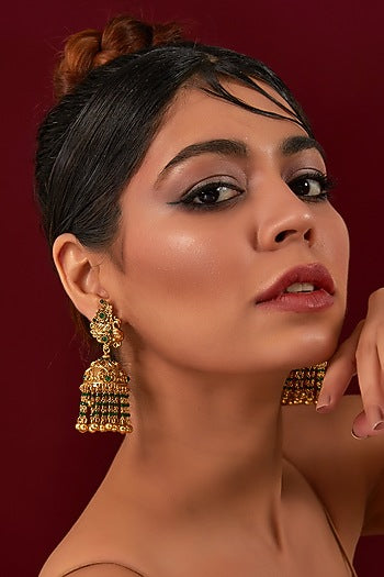 Gold Plated Green Stone & Pearl Jhumka Earrings