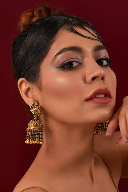 Gold Plated Green Stone & Pearl Jhumka Earrings