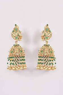 Gold Plated Green Stone & Pearl Jhumka Earrings