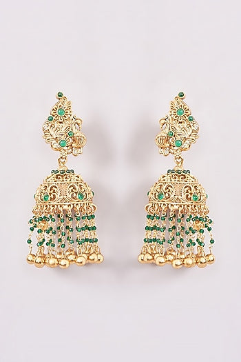 Gold Plated Green Stone & Pearl Jhumka Earrings