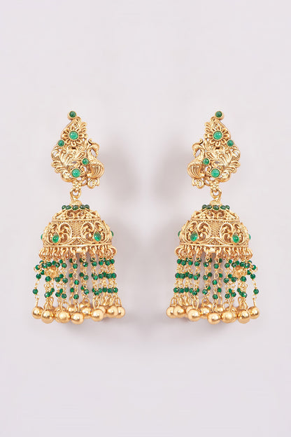 Gold Plated Green Stone & Pearl Jhumka Earrings