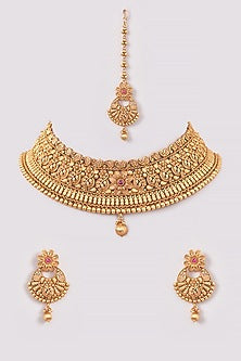 Gold Plated Carved Temple Necklace Set