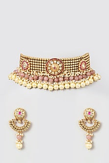 Gold Plated Kundan Polki & Ruby Stone Choker Necklace Set