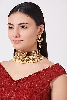 Gold Plated Kundan Polki & Ruby Stone Choker Necklace Set