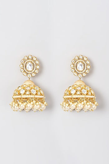 Gold Finish Kundan Polki & Pearl Jhumka Earrings