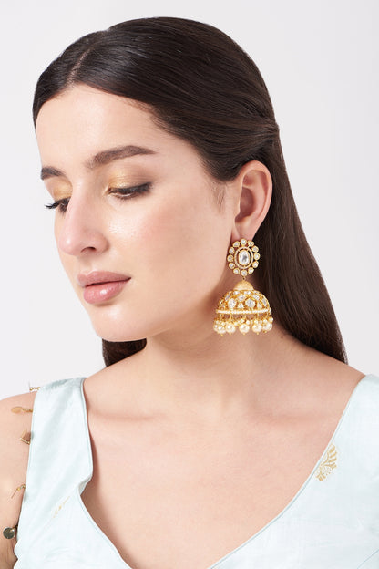 Gold Finish Kundan Polki & Pearl Jhumka Earrings