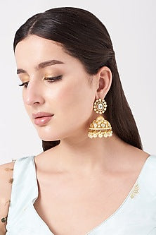 Gold Finish Kundan Polki & Pearl Jhumka Earrings