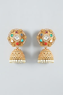 Gold Finish Kundan & Navratna Jhumka Earrings