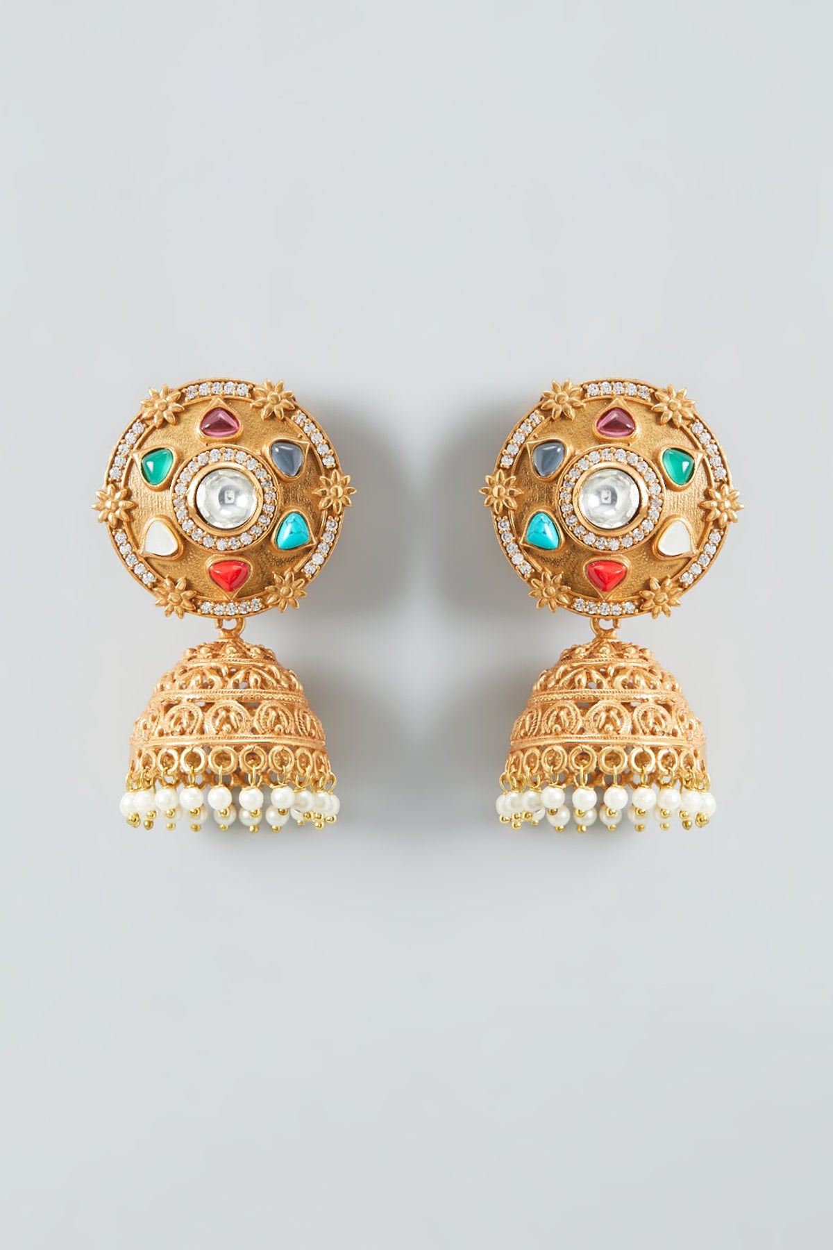 Gold Finish Kundan & Navratna Jhumka Earrings
