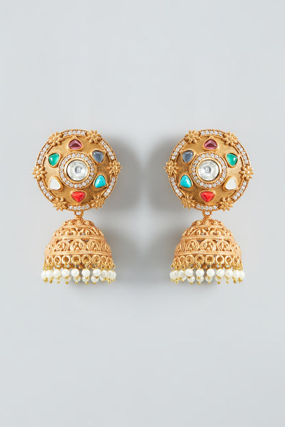 Gold Finish Kundan & Navratna Jhumka Earrings