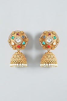 Gold Finish Kundan & Navratna Jhumka Earrings