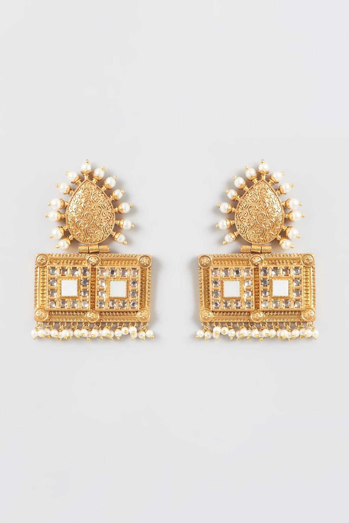 Gold Finish Kundan Polki & Pearls Dangler Earrings