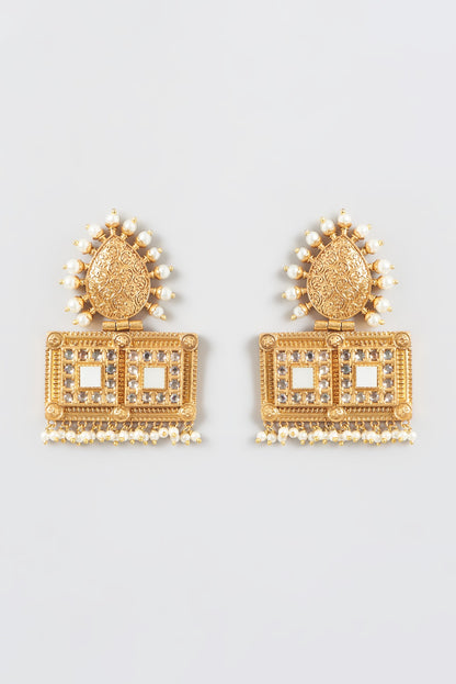 Gold Finish Kundan Polki & Pearls Dangler Earrings